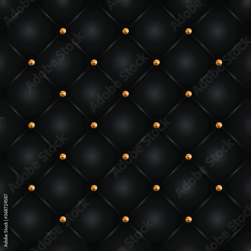 Black leather pattern texture background with golden buttons. Vector illustration.