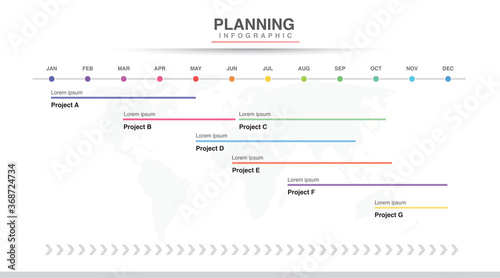 Infographic template for business. Modern Timeline diagram calendar with grantt chart, presentation vector infographic. Year planner, 12 months, 1 year processes and goal