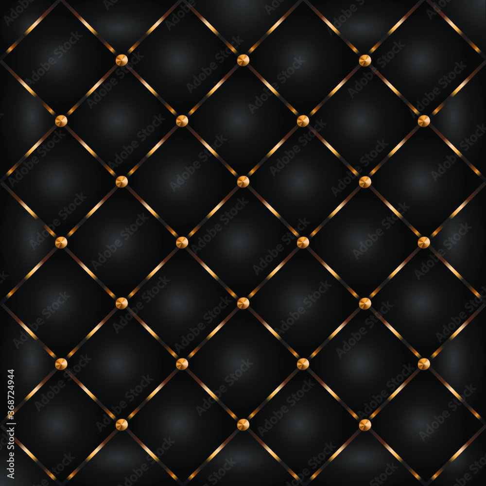 Fototapeta premium Black leather pattern texture background with golden buttonsand stripes. Vector illustration.