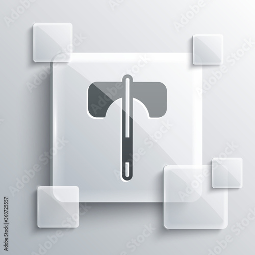 Grey Medieval axe icon isolated on grey background. Battle axe, executioner axe. Medieval weapon. Square glass panels. Vector.