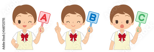 ABCの英語の札を持った女子学生　A　B　C　イラスト