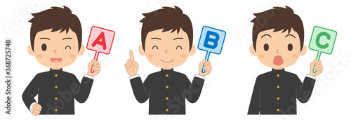 ABCの英語の札を持った男子学生　A　B　C　イラスト