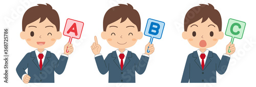 ABCの英語の札を持った男子学生　A　B　C　イラスト