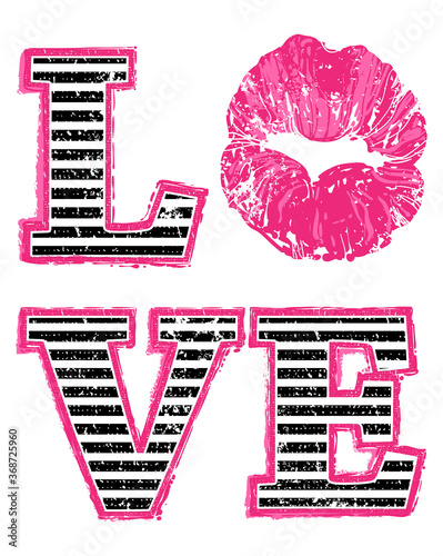 Love and soft pink kiss lips print on white background. Woman t-shirt design. Fashion print composition for ladies textile wear, top, shirt, blouse