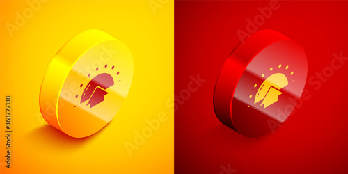 Isometric Sunrise icon isolated on orange and red background. Circle button. Vector. © Kostiantyn