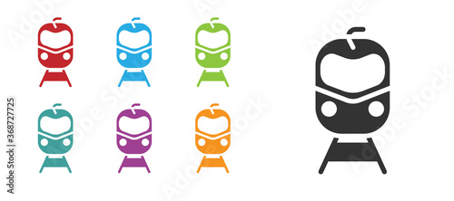 Black Train and railway icon isolated on white background. Public transportation symbol. Subway train transport. Metro underground. Set icons colorful. Vector.