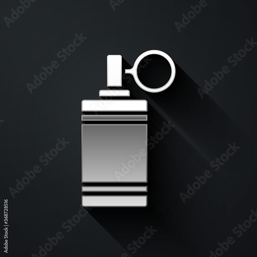 Silver Hand grenade icon isolated on black background. Bomb explosion. Long shadow style. Vector.