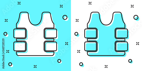 Black line Bulletproof vest for protection from bullets icon isolated on green and white background. Body armor sign. Military clothing. Random dynamic shapes. Vector.