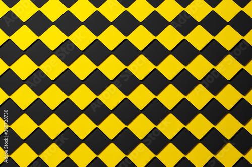 3D illustration black and yellow checkered geometric pattern of pyramids. Unusual chessboard. Decorative print, pattern. Square Volumetric Print