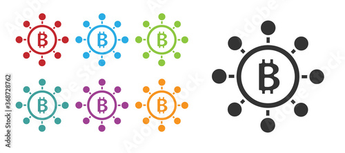 Black Blockchain technology Bitcoin icon isolated on white background. Abstract geometric block chain network technology business. Set icons colorful. Vector.