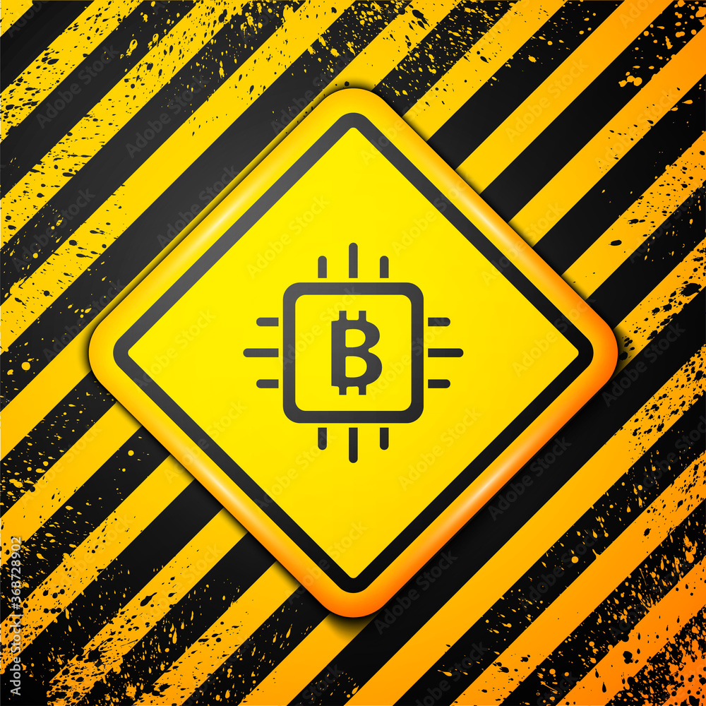 Black CPU mining farm icon isolated on yellow background. Bitcoin sign inside processor. Cryptocurrency mining community. Digital money. Warning sign. Vector. Black CPU mining farm icon isolated on yellow background. Bitcoin sign inside processor. Cryptocurrency mining community. Digital money. Warning sign. Vector.