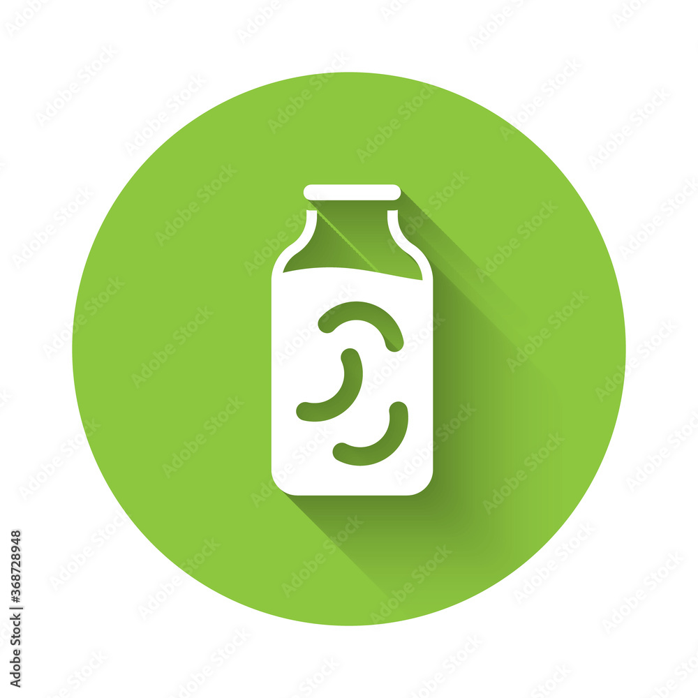 White Pickled cucumbers in a jar icon isolated with long shadow. Green circle button. Vector. White Pickled cucumbers in a jar icon isolated with long shadow. Green circle button. Vector.