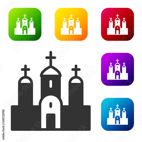 Black Church building icon isolated on white background. Christian Church. Religion of church. Set icons in color square buttons. Vector.