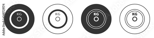 Black Weight plate icon isolated on white background. Equipment for bodybuilding sport, workout exercise and fitness. Circle button. Vector.