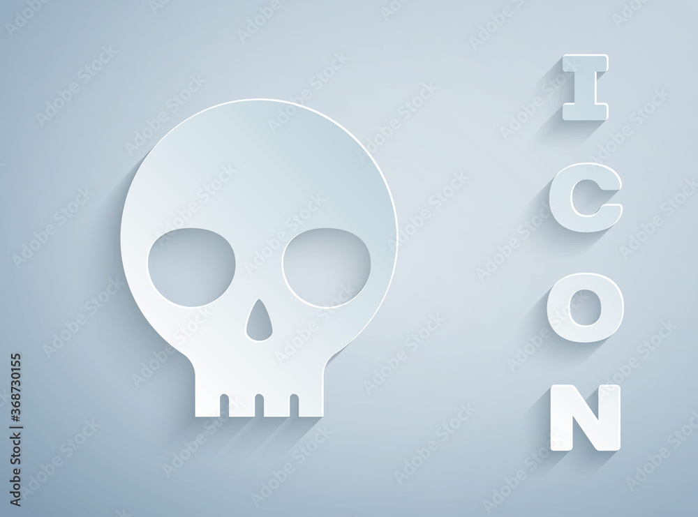 Paper cut Human skull icon isolated on grey background. Paper art style. Vector.