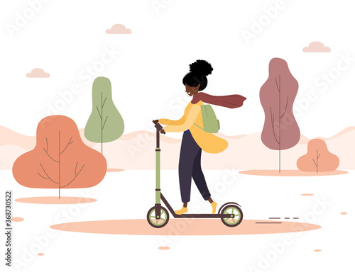 Autumn background. Cartoon african woman ride on scooter in park. Healthy lifestyle. Eco transportation. Modern vector illustration in flat style.