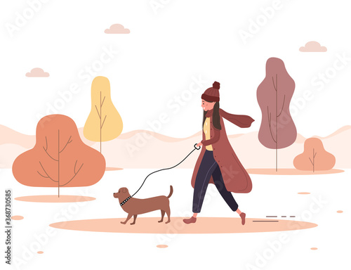 Autumn background. Young woman walks with dog through the woods. Concept happy girl in brown coat with dachshund or poodle. Vector illustration in flat style.