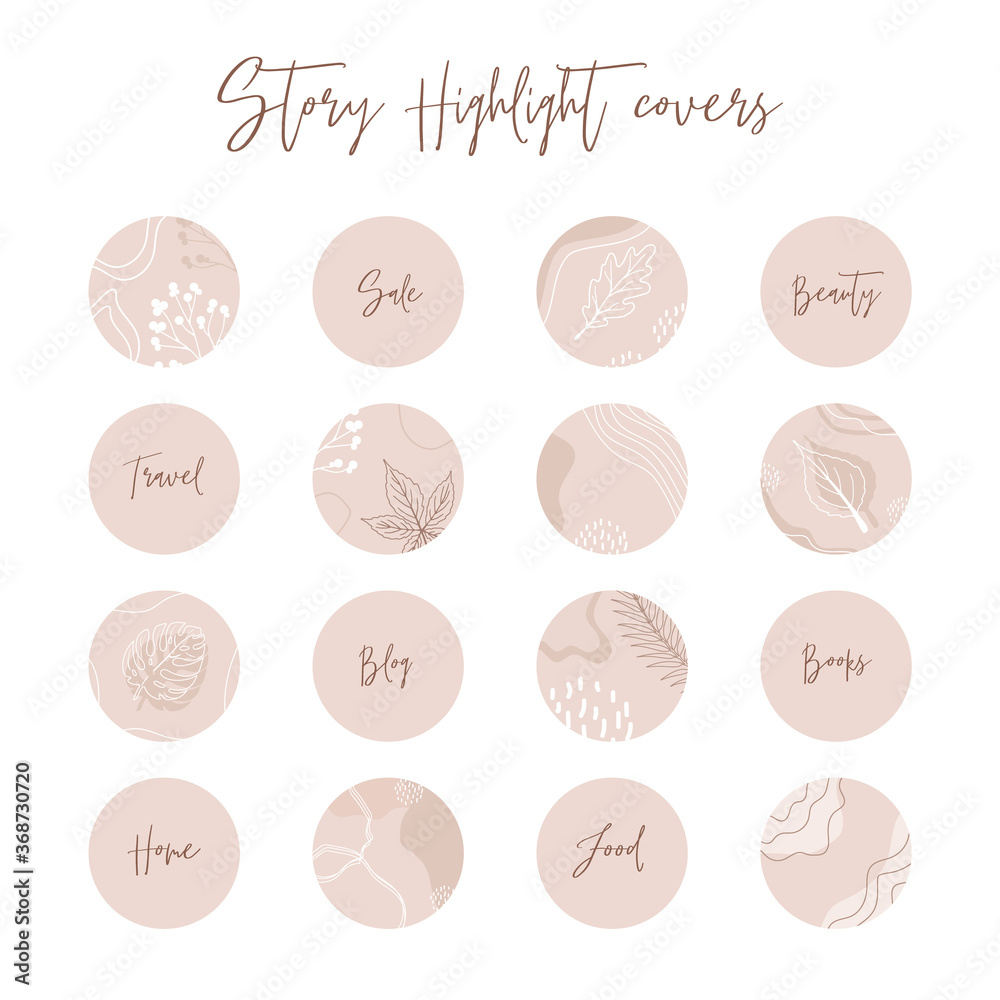 Bundle of highlights covers. Modern vector layouts with hand drawn floral icons, organic shapes and textures. Abstract backgrounds. Trendy design for social media marketing.