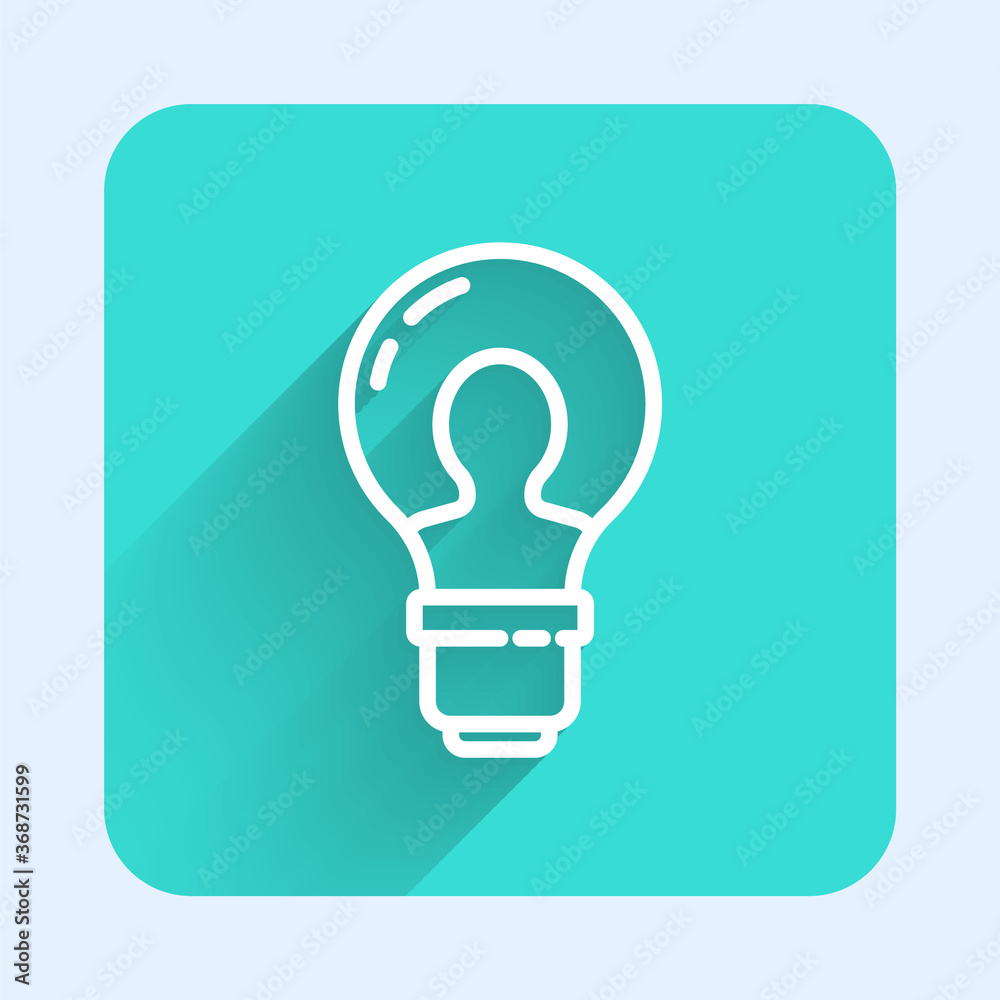 White line Human head with lamp bulb icon isolated with long shadow. Green square button. Vector. White line Human head with lamp bulb icon isolated with long shadow. Green square button. Vector.