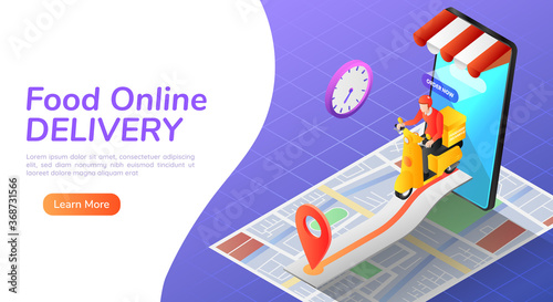 Isometric web banner delivery man ride motorcycle with online order food and home delivering service