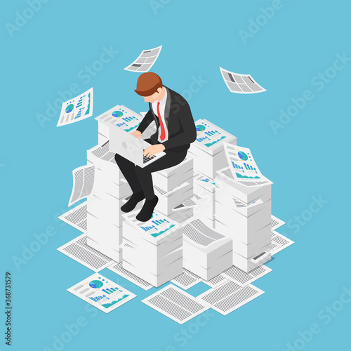 Isometric businessman working with laptop on the piles of papers and documents