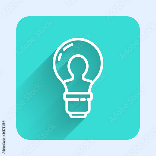 White line Human head with lamp bulb icon isolated with long shadow. Green square button. Vector.