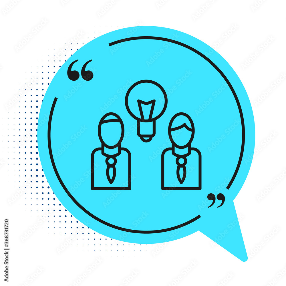 Black line People with lamp bulb icon isolated on white background. Concept of idea. Blue speech bubble symbol. Vector. Black line People with lamp bulb icon isolated on white background. Concept of idea. Blue speech bubble symbol. Vector.