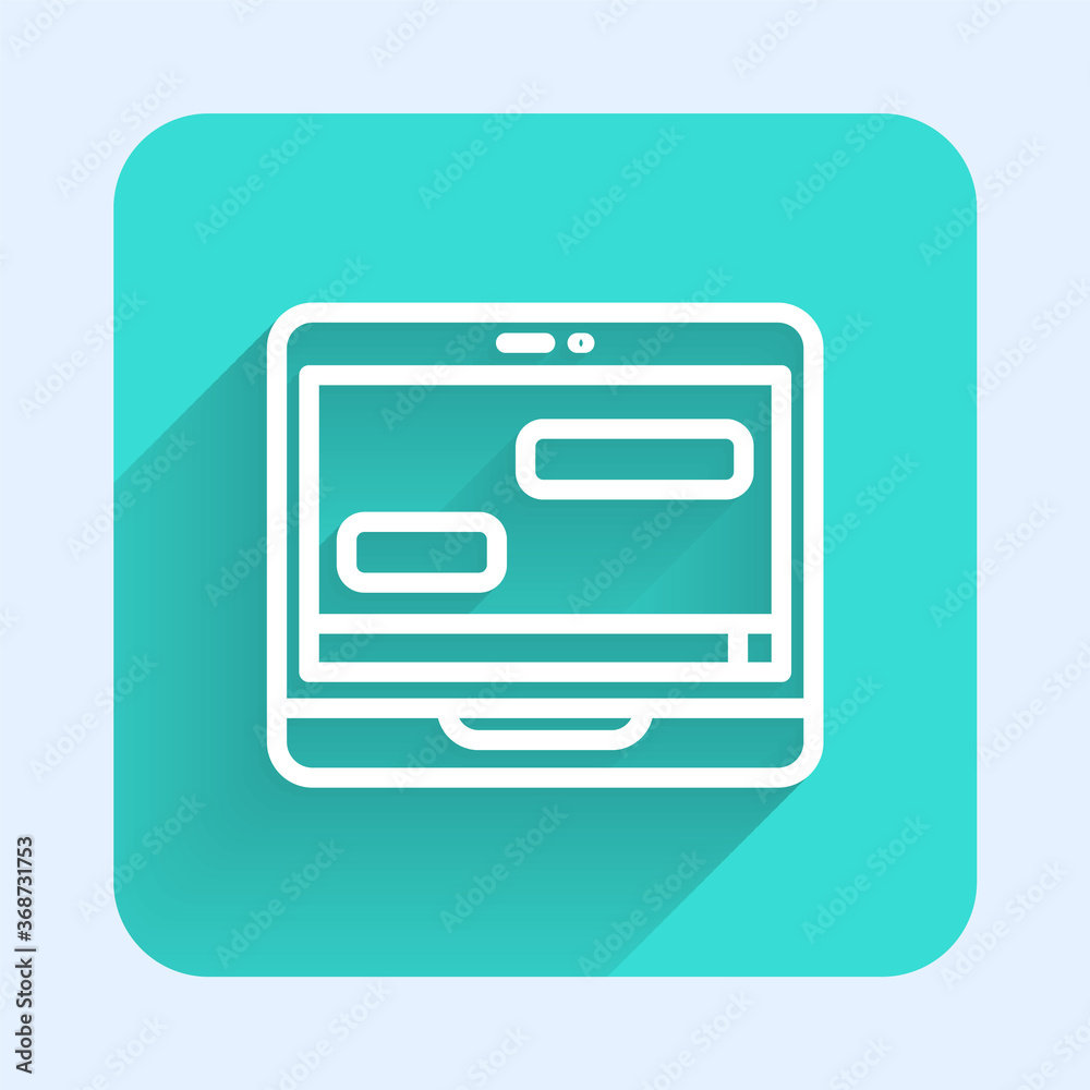 White line New chat messages notification on laptop icon isolated with long shadow. Smartphone chatting sms messages speech bubbles. Green square button. Vector.