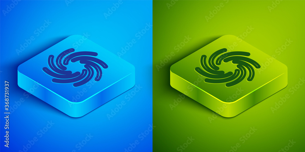 Isometric line Tornado icon isolated on blue and green background. Cyclone, whirlwind, storm funnel, hurricane wind or twister weather icon. Square button. Vector. Isometric line Tornado icon isolated on blue and green background. Cyclone, whirlwind, storm funnel, hurricane wind or twister weather icon. Square button. Vector.
