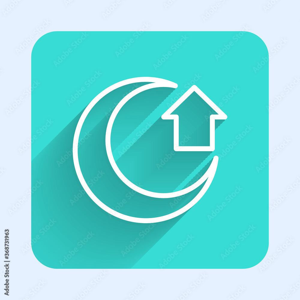White line Moon icon isolated with long shadow. Green square button. Vector. White line Moon icon isolated with long shadow. Green square button. Vector.