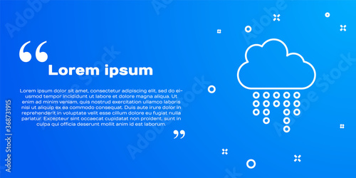 White line Cloud with rain icon isolated on blue background. Rain cloud precipitation with rain drops. Vector.