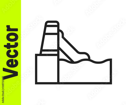 Black line Water slide with pool icon isolated on white background. Aquapark. Vector.