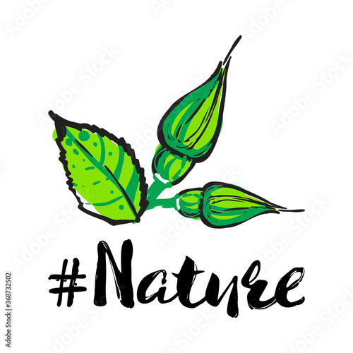 Modern greeting card with nature hashtag and buds of roses. Green natural makeup and accessories stickers and patches collection. Vector fashion illustration in vogue style.