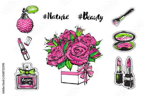 Set of isolated elements: pink lipstick, french perfume, bouquet of roses, makeup brush, blush, classic french perfume. Makeup stickers and patches. Vector fashion illustration in vogue style.