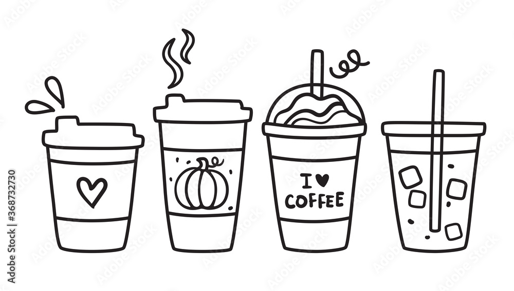Cute vector illustration of hot and iced coffee to go cup doodle. - obrazy, fototapety, plakaty 