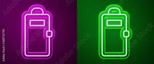 Glowing neon line Police assault shield icon isolated on purple and green background. Vector.