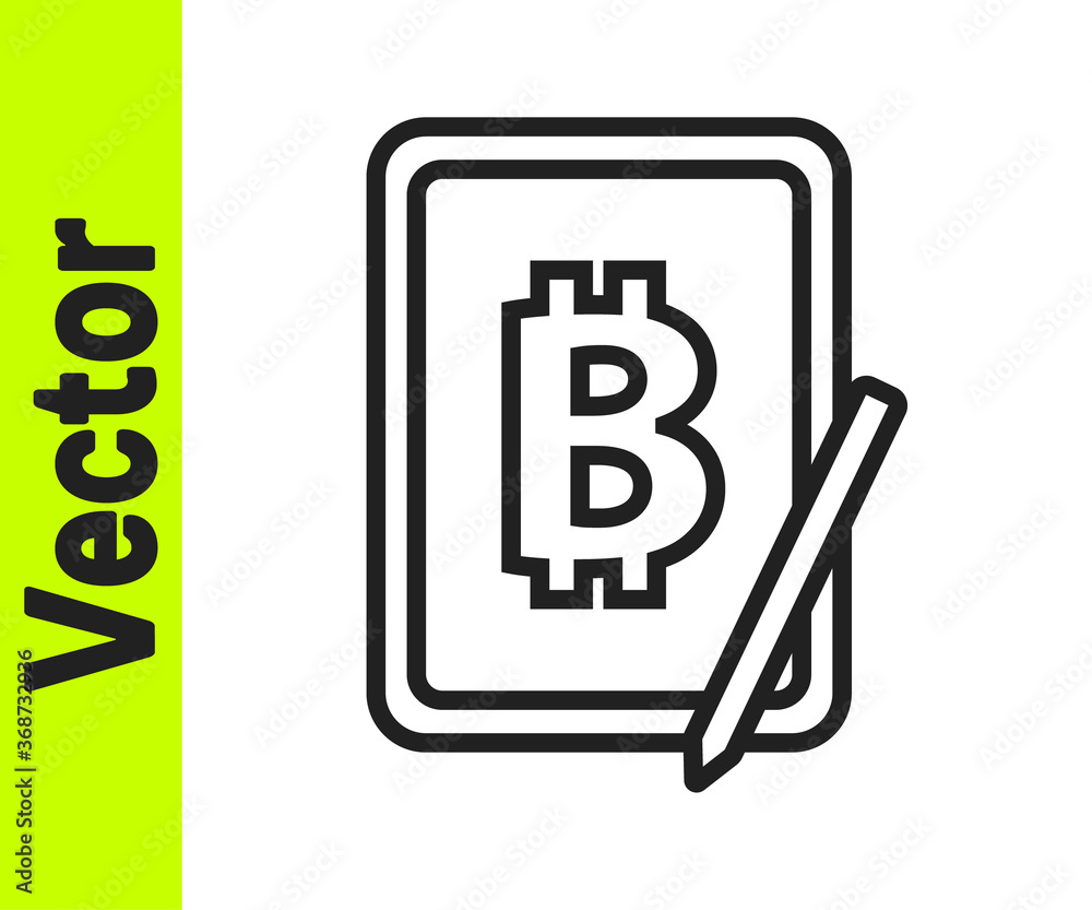 Black line Mining bitcoin from graphic tablet icon isolated on white background. Cryptocurrency mining, blockchain technology service. Vector. Black line Mining bitcoin from graphic tablet icon isolated on white background. Cryptocurrency mining, blockchain technology service. Vector.