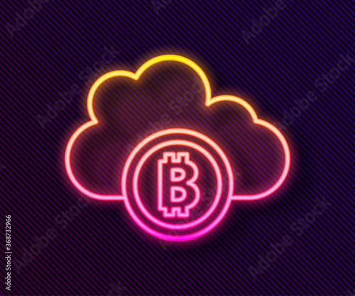 Glowing neon line Cryptocurrency cloud mining icon isolated on black background. Blockchain technology, bitcoin, digital money market, cryptocoin wallet. Vector.