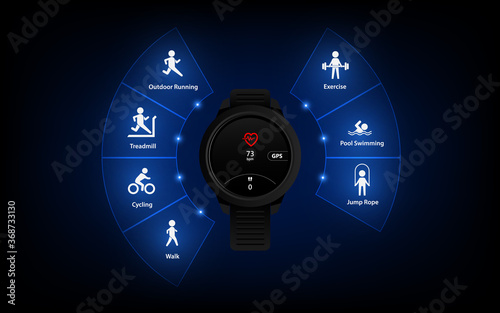 Fitness tracker interface ui icon, background, sport pedometer, smart watch vector template