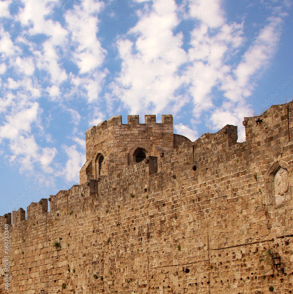 Fortress wall near Arnaldo gate, the Old Town of Rhodes, Rhodes, Greece
