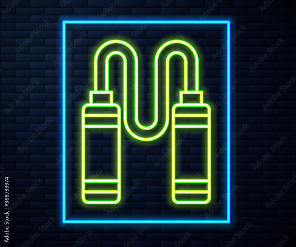 Glowing neon line Jump rope icon isolated on brick wall background. Skipping rope. Sport equipment. Vector. Glowing neon line Jump rope icon isolated on brick wall background. Skipping rope. Sport equipment. Vector.