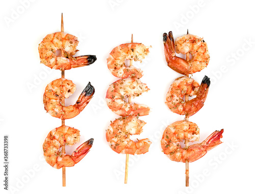 Photography roasted peeled prawn with skewer isolated on white background ,grilled shrimp