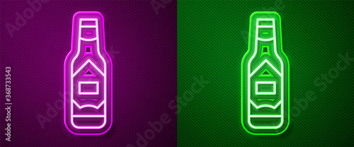 Glowing neon line Tabasco sauce icon isolated on purple and green background. Chili cayenne spicy pepper sauce. Vector.