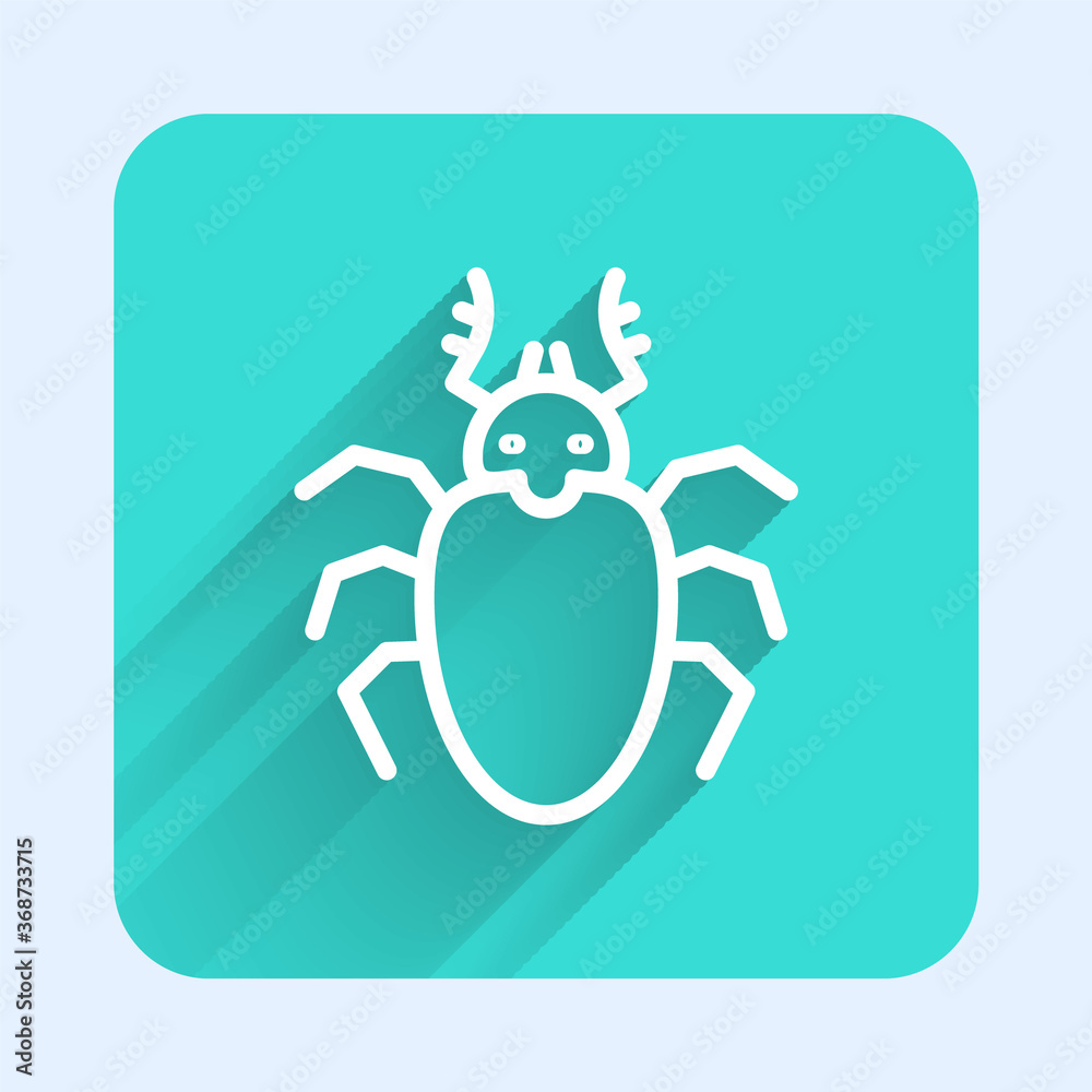 White line Beetle deer icon isolated with long shadow. Horned beetle. Big insect. Green square button. Vector. White line Beetle deer icon isolated with long shadow. Horned beetle. Big insect. Green square button. Vector.