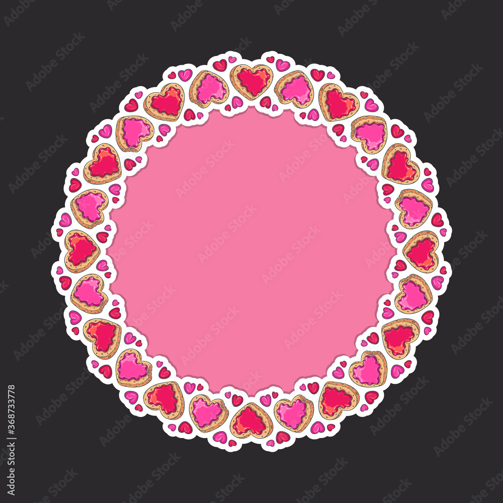 Heart shaped yummy desserts round frame with space for text isolated on dark background. Colorful vector illustration for Valentine’s Day, birthday party, wedding, food fests and other designs.