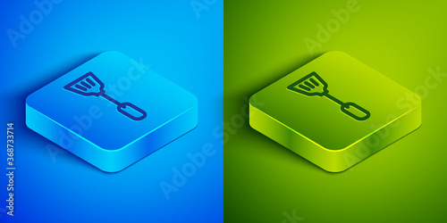 Isometric line Fly swatter icon isolated on blue and green background. Square button. Vector.