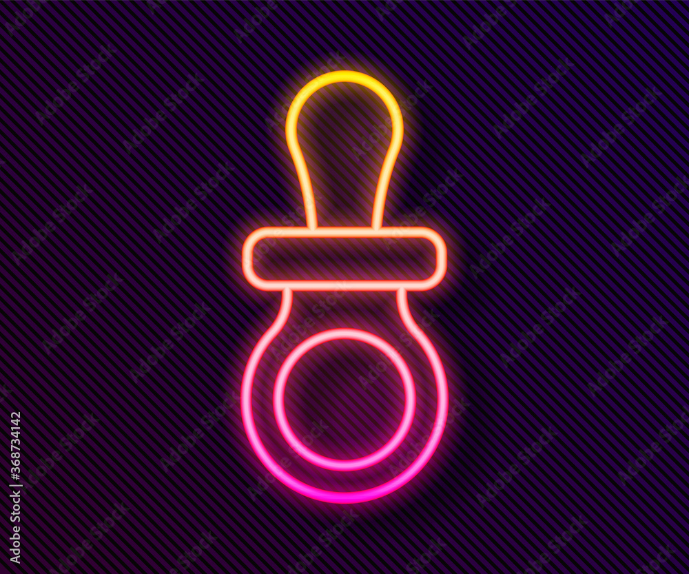 Glowing neon line Baby dummy pacifier icon isolated on black background. Toy of a child. Vector. Glowing neon line Baby dummy pacifier icon isolated on black background. Toy of a child. Vector.