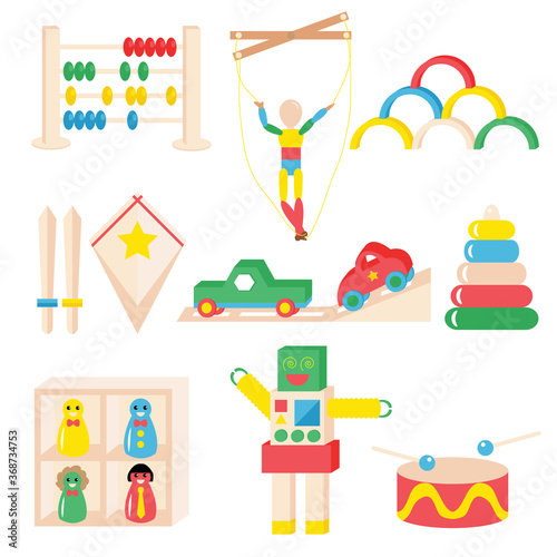Set of colorful wooden toys vector