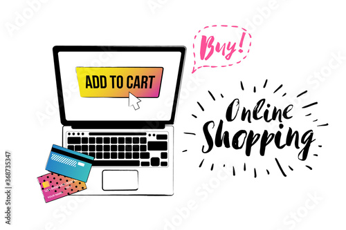 Set of fashionable elements: shopper laptop, online shopping label, buy bubble. Online shopping stickers and patches collection. Vector fashion illustration in vogue style.