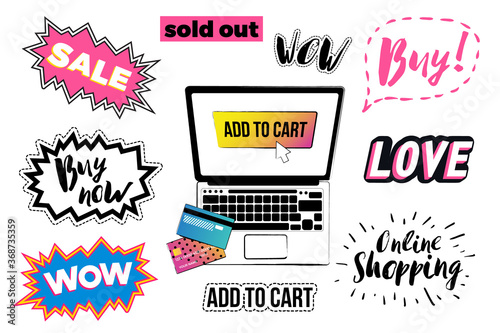 Online shopping stickers and patches collection. Wow, shopper laptop, sale cloud, love label, buy nowl, online shopping, add to cart, sold out, wow, buy bubble. Vector illustration, vogue style photo